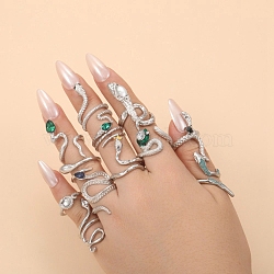 12Pcs Alloy Rhinestone Cuff Rings, Enamel Style, Snake, Silver, Inner Diameter: 18.5~21.8mm(PW-WGFF40C-01)