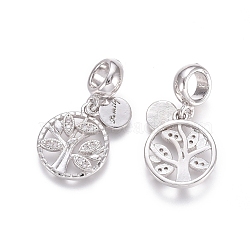 Brass Micro Pave Cubic Zirconia European Dangle Charms, Large Hole Pendants, Flat Round with Tree and Word Family, Clear, Platinum, 24.5mm, Flat Round: 8x6x1mm, Tree: 15x13x2mm, Hole: 5mm(ZIRC-E163-06P)