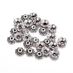 Tibetan Style Alloy Multi-Petal Bead Caps, Cadmium Free & Lead Free, Antique Silver, 7x2.5mm, Hole: 1mm, about 4760pcs/1000g(TIBEB-S039-008AS-RS)