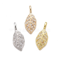 Rack Plating Brass Micro Pave Clear Cubic Zirconia Pendants, Long-Lasting Plated, Cadmium Free & Lead Free, Leaf, Mixed Color, 16.5x6.5x3mm, Hole: 2x2.5mm(KK-B056-02)