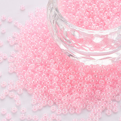 12/0 Imitation Jade Glass Seed Beads, Opaque Colours Luster, Round, Pink, 2x1.5mm, Hole: 1mm, about 40000pcs/Pound(SEED-S049-A-009)