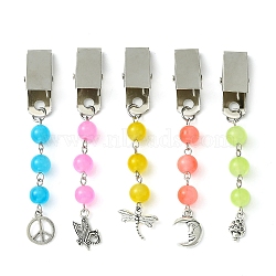 Peace Sign/Dragonfly/Moon Tibetan Style Alloy Pendant Credit Card Clip Puller, Baking Painted Imitation Jade Glass Round Beaded Credit Card Clip, Mixed Color, 82~88mm(JEWB-BR00131)