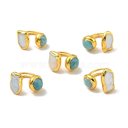 Half Round Natural Pearl & Amazonite Nugget Open Cuff Ring, Brass Chunky Ring for Women, Lead Free & Cadmium Free, Golden, US Size 6 1/2~9 3/4(16.9~19.5mm)(RJEW-F125-01G)