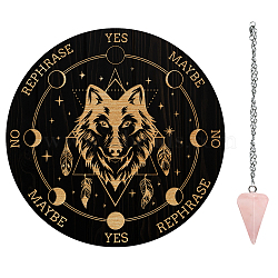 AHADEMAKER 1Pc PVC Plastic Pendulum Board, with 1Pc Natural Rose Quartz Stone Pendants, and 1Pc 304 Stainless Steel Cable Chain, for Witchcraft Wiccan Altar Supplies, Wolf Pattern, Board: 200x4mm(DIY-GA0004-47C)