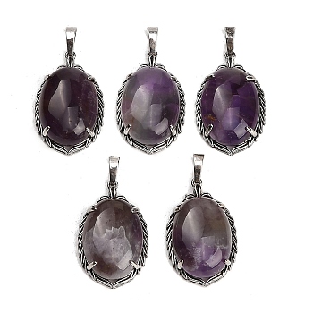Natural Amethyst Pendants, Brass Oval Charms, Antique Silver, 33.5~34x21x10mm, Hole: 8x5mm
