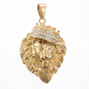 304 Stainless Steel Big Pendants, with Rhinestone, Lion, Golden, 53x38x15mm, Hole: 11x8mm