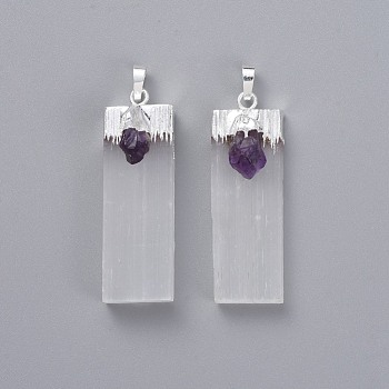 Natural Calcite Big Pendants, with Natural Amethyst and Brass Findings, Rectangle, Silver, 55~63x16~23x12.5~15mm, Hole: 8x3~5mm