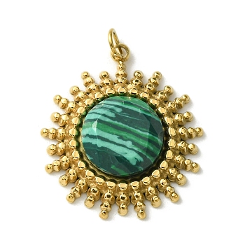 Ion Plating(IP) 304 Stainless Steel Pave Faceted Synthetic Malachite Pendants, Sun Charms, Real 14K Gold Plated, 22x19.5x5mm