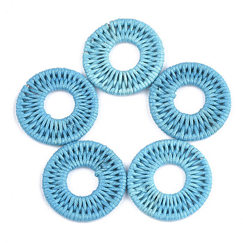 Waxed Polyester Cord Woven Pendants, with Iron Findings, Flat Round, Sky Blue, 31~32x3mm