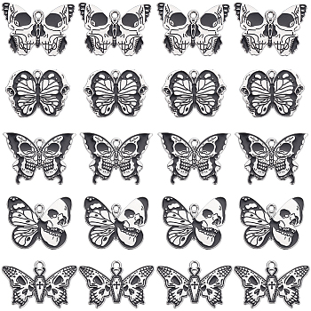 20Pcs 5 Style Alloy Enamel Pendants, Platinum, Butterfly with Skull, Black, 19~23x28~30mm, 4pcs/style