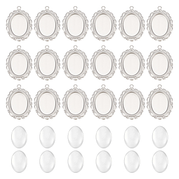 50Pcs 316 Surgical Stainless Steel Pendant Cabochon Settings, Oval, with 50Pcs Transparent Glass Cabochons, Stainless Steel Color, Tray: 18x13mm, 28x20x1mm, Hole: 1.5mm