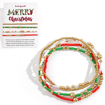 4Pcs Christmas Theme Glass Seed & CCB Beads Stretch Bracelets, with Christmas Card Paper Decoration Gift, Mixed Color, 6-1/2 inch(16.5cm)