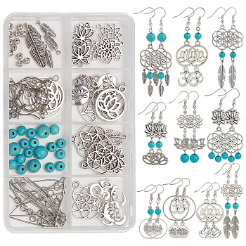 DIY Lotus Yoga Dangle Earring Making Kits, Including Flower & Leaf & Feather Alloy Pendants & Links Connector, Synthetic Turquoise Beads, Brass Linking Rings & Earring Hooks, Mixed Color, 166Pcs/box