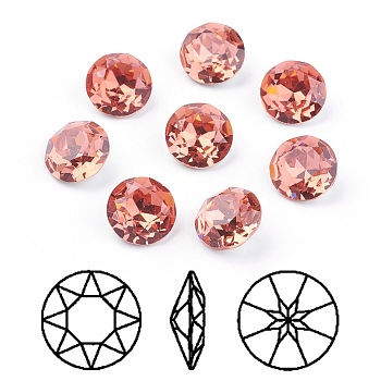 Pointed Back & Back Plated Glass Rhinestone Cabochons, Grade A, Faceted, Flat Round, Padparadscha, 8x4.5mm