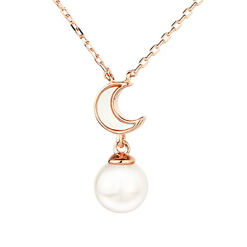 Pearl Shell Moon Round Pendant Necklace, Rose Gold S925 Silver Necklace for Women
