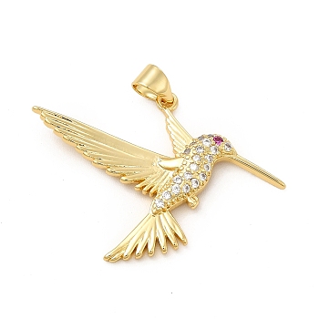 Rack Plating Brass Micro Pave Cubic Zirconia Pendants, Cadmium Free & Lead Free, Real 18K Gold Plated, Hummingbird Charm, Clear, 34x25x3mm, Hole: 3.5x5mm