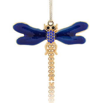 Golden Tone Alloy Rhinestone Enamel Insect Big Pendants, Dragonfly Necklace Charms, Dark Blue, 53x65x4mm, Hole: 2.5mm