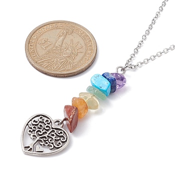 Alloy Heart with Tree Pendant Necklace with 304 Stainless Steel Cable Chains, Natural & Synthetic Mixed Gemstone Chips Beaded Necklace, Antique Silver & Stainless Steel Color, 17.60 inch(44.7cm)