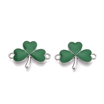 Rack Plating Alloy Green Enamel Shamrock Connector Charms, Saint Patrick's Day Clover Links, Platinum, 16x22.5x1.5mm, Hole: 1.8mm