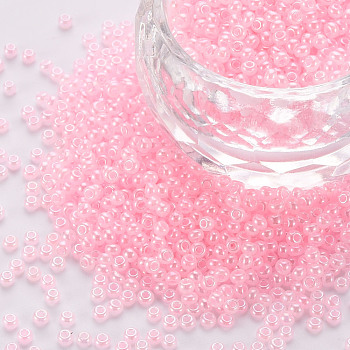 12/0 Imitation Jade Glass Seed Beads, Opaque Colours Luster, Round, Pink, 2x1.5mm, Hole: 1mm, about 40000pcs/Pound