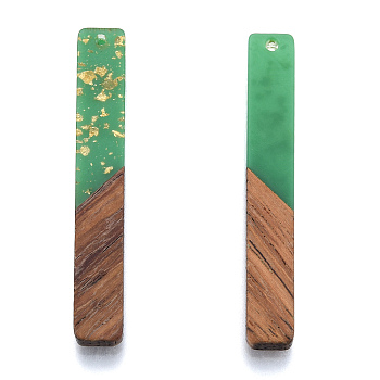 Opaque Resin & Walnut Wood Big Pendants, with Gold Foil, Rectangle Charm, Medium Sea Green, 51.5x7.5x3mm, Hole: 1.8mm
