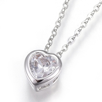 304 Stainless Steel Pendant Necklaces, with Brass Cubic Zirconia Pendant, Heart, Clear, Stainless Steel Color, 17.6 inch(45cm), Pendant: 7x7x4mm