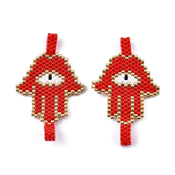 Handmade Seed Beads Links Connectors, with Elastic Thread, Loom Pattern, Hamsa Hand/Hand of Fatima /Hand of Miriam with Eye, Red, 47~49x28~28.5x2~3.5mm, Hole: 4mm