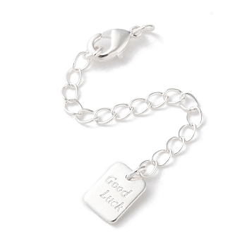 Brass Lobster Clasps & Ends with Chain, Rectangle with Word Good Luck, Cadmium Free & Lead Free, 925 Sterling Silver Plated, 72mm