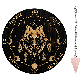 AHADEMAKER 1Pc PVC Plastic Pendulum Board, with 1Pc Natural Rose Quartz Stone Pendants, and 1Pc 304 Stainless Steel Cable Chain, for Witchcraft Wiccan Altar Supplies, Wolf Pattern, Board: 200x4mm