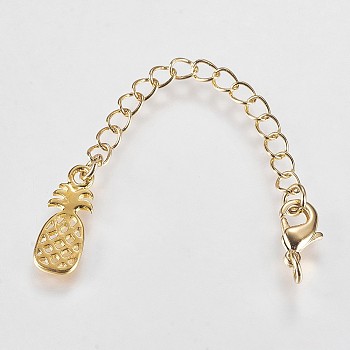 Long-Lasting Plated Brass Chain Extender, with Lobster Claw Clasps and Pineapple Tips, Real 18K Gold Plated, 78x3mm, Hole: 2.5mm, Pineapple: 15.5x6x1mm.