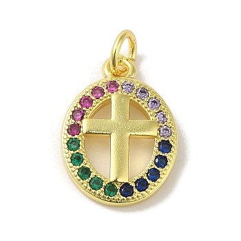 Brass Micro Pave Cubic Zirconia Pendants, Real 18K Gold Plated, Cross Charms, Colorful, 16x11.5x2mm, Hole: 3mm