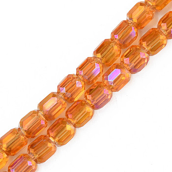 Electroplate Transparent Glass Beads Strands, Faceted, Column, Dark Orange, 8x8mm, Hole: 1.2mm, about 79~80pcs/strand, 25.59 inch~27.17 inch(65~69cm)