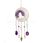 Tree Natural Amethyst Chips Hanging Suncatchers, with Agate Slices Pendants & Glass Beads for Outdoor & Garden Decor, Golden, 525mm(HJEW-F023-05)
