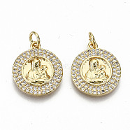 Brass Micro Pave Clear Cubic Zirconia Pendants, with Jump Rings, Nickel Free, Flat Round with Mom & Baby, Real 16K Gold Plated, 17.5x15x2mm, jump ring: 5x0.8mm, 3.4mm inner diameter(ZIRC-S067-125-NF)