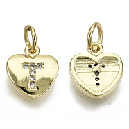 Brass Micro Pave Clear Cubic Zirconia Charms, with Jump Ring, Heart with Letter, Real 16K Gold Plated, Nickel Free, Letter.T, 10x9x2mm, Jump Ring: 5x1mm, 3mm inner diameter(KK-N227-34T-NF)