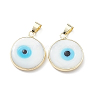 Handmade Evil Eye Lampwork Pendants, with Rack Plating Light Gold Tone Brass Findings, Long-Lasting Plated, Lead Free & Cadmium Free, Flat Round, White, 24~25.5x20.5~21x4~4.5mm, Hole: 6x4~4.5mm(LAMP-F031-02G-03)
