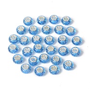 Rondelle Resin European Beads, Large Hole Beads, with Glitter Powder and Platinum Tone Brass Double Cores, Light Sky Blue, 13.5x8mm, Hole: 5mm(RPDL-A001-01-01)