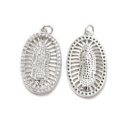 Brass Micro Pave Cubic Zirconia Pendants, with Jump Ring, Oval with Religion Virgin Mary Charm, Platinum, 31.5x18x2.5mm, Hole: 3.3mm(KK-E068-VB094)