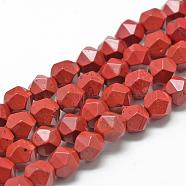 Natural Red Jasper Beads Strands, Star Cut Round Beads, Faceted, 10x9~10mm, Hole: 1mm, about 39pcs/strand, 15.3 inch(G-R448-10mm-05)