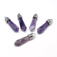 Bullet Platinum Plated Alloy Natural Amethyst Pointed Pendants, Cadmium Free & Lead Free, 33~40x8~9mm, Hole: 3x4mm(G-F228-06F-RS)