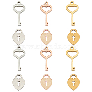 Unicraftale 304 Stainless Steel Charms, Laser Cut, Polishing, Key and Lock, Mixed Color, 12~13x6.5~9mm, Hole: 1mm, 12pcs/box(STAS-UN0012-02M)