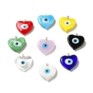 Handmade Lampwork Pendants, with Golden Plated Brass Finding, Cadmium Free & Lead Free, Heart with Evil Eye, Mixed Color, 19.5x18.2x5mm, Hole: 1.4mm(LAMP-E030-01G-M)