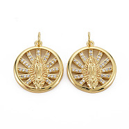 Brass Micro Pave Cubic Zirconia Pendants, with Jump Rings, Nickel Free, Flat Round with Virgin, Real 16K Gold Plated, 21.5x19.5x3.5mm, Jump Ring: 5x1mm, 3mm inner diameter(KK-Q252-057-NF)