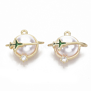 Brass Cubic Zirconia Universe Space Charms, Nickel Free, with Enamel and ABS Plastic Imitation Pearl, Planet and Plane, Real 18K Gold Plated, 13.5x14x7mm, Hole: 1mm(KK-T050-46G-NF)