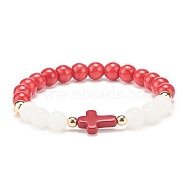 Natural White Jade & Synthetic Turquoise(Dyed) Stretch Bracelet with Cross, Gemstone Jewelry for Women, Red, Inner Diameter: 2-1/8 inch(5.3cm)(BJEW-JB08295-04)