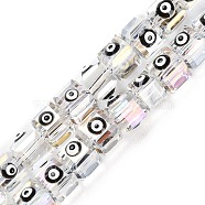 Transparent Glass Beads Strands, with Enamel, AB Color Plated, Square with Evil Eye, Black, 6~6.5x8~9x6.5~7mm, Hole: 1.6mm, about 50pcs/strand, 12.80~12.99''(32.5~33cm).(LAMP-F032-04A)