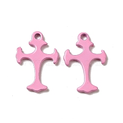 Spray Painted 201 Stainless Steel Charms, Cross Charms, Pearl Pink, 14x9.5x1mm, Hole: 1.2mm(STAS-G304-26D)