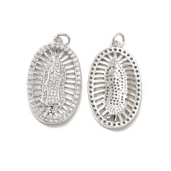 Brass Micro Pave Cubic Zirconia Pendants, with Jump Ring, Oval with Religion Virgin Mary Charm, Platinum, 31.5x18x2.5mm, Hole: 3.3mm(KK-E068-VB094)