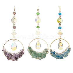 Gemstone Chips Ring Pendant Decoration, Hanging Suncatchers, with Brass Sun Link and Glass Teardrop Charm, for Home Decoration, 250mm, 3pcs/set(HJEW-TA00038)