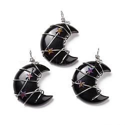 Natural Obsidian Pendants, with Platinum Tone Brass Wire Wrapped and Hematite Star Beads, Cadmium Free & Lead Free, Moon, 45.5~47x32.5~33.5x11~12mm, Hole: 5mm(G-B023-01P-01)